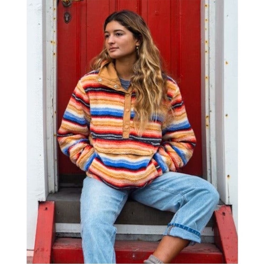 Billabong Switchback Multicolor Striped Fleece Pullover Jacket size small boho